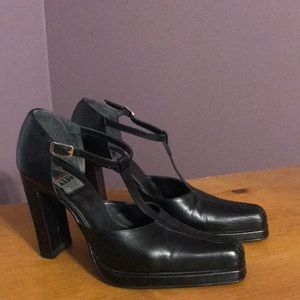 Black leather t-strap high heel